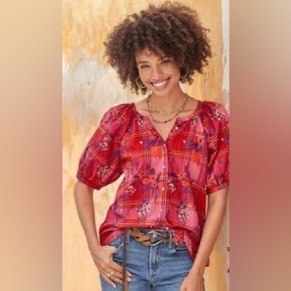 Sundance Printed Graceful Days Blouson Style Top Button-Up Balloon Sleeve